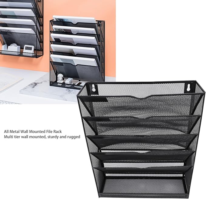 Walfront Hanging Wall File Holder 6 Tier Metal Hanging Wall Mount File Organizer for Home and Office Vertical Folder Rack with 5 Pockets Bottom Slot Grooves Tray Label Slot Easy Setup