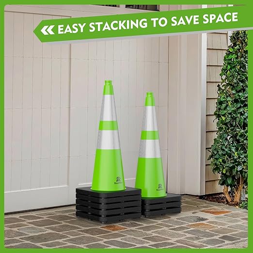 RoadHero 8 Pack Traffic Safety Cones 28 Inch with Black Weighted Base, Plastic PVC Lime Green Cone with Reflective Collar, Cones for Parking Lot, Construction Events, Road Safety