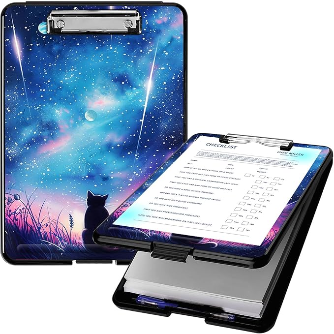 Clipboard with Storage, High Capacity Plastic Storage Clipboard with Pen Holder for for Women Teachers Work, School & Office Supplies, Cute Pattern Decorative Clipboards, Cat Under The Stars