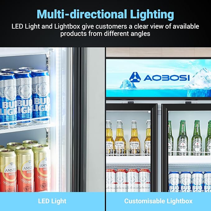 AAOBOSI Commercial Merchandiser Refrigerator,27.02 Cu.Ft Glass Door Display Refrigerator,Upright Beverage Cooler Fridge with Soft LED Light, Customizable Lightbox,Universal Casters,Adjustable Shelves
