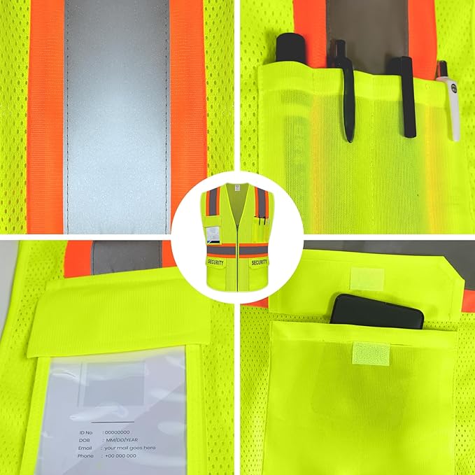 Security Vest for Security Guard, Safety Vest with Pockets, High Visibility Work Vest with Reflective Strips, Mesh Design, ANSI Compliant, Yellow, L