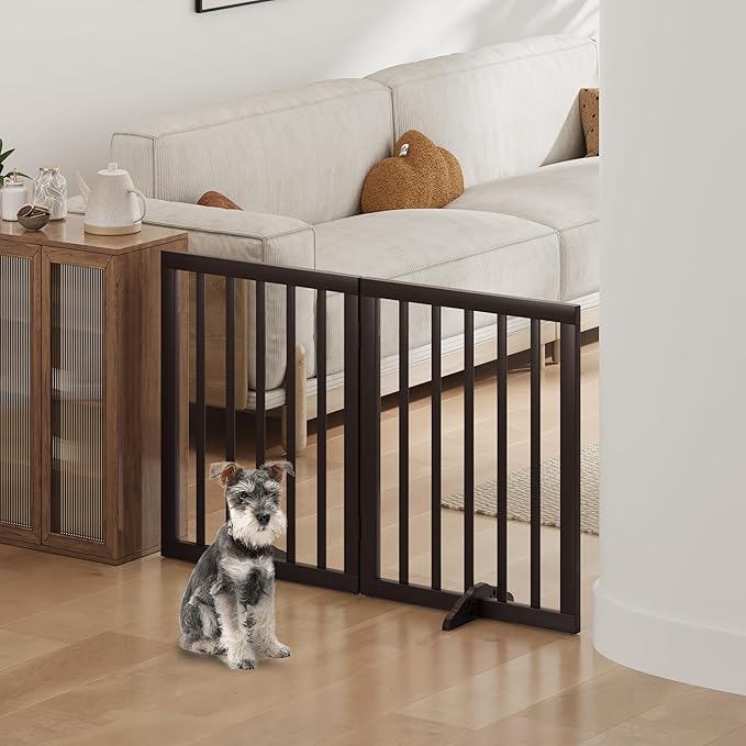 Brown Freestanding Foldable Pet Gate - 2 Panels, Metal Support Feet, Room Divider for Doorways & Bedroom
