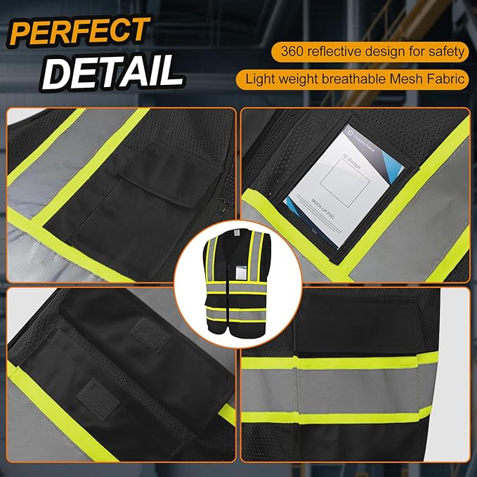 Hi Vis Vest for Men Women High Visibility Mesh Vest with 5 Pockets,Safety Vest with Reflective Trips, Breathable,(GR720-Black,5XL).