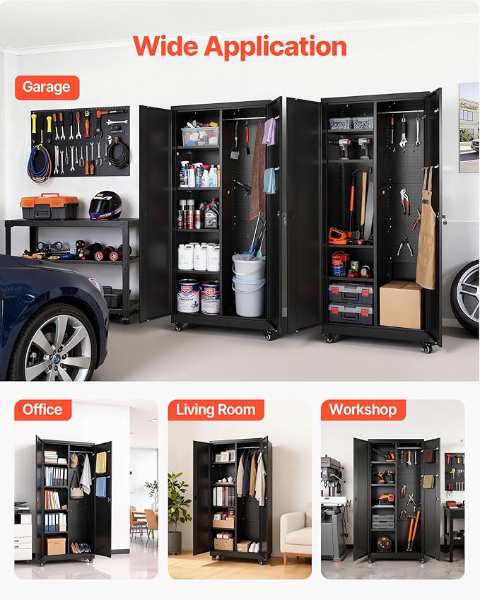 VEVOR Metal Storage Cabinet, 70.6 in Rolling Steel Garage Cabinet with Adjustable Shelves, 2 Magnetic Doors, Hanging Rod & 3 Rod Hooks, 5 Tiers Lockable Tool Storage for Pantry, Warehouse, Basement