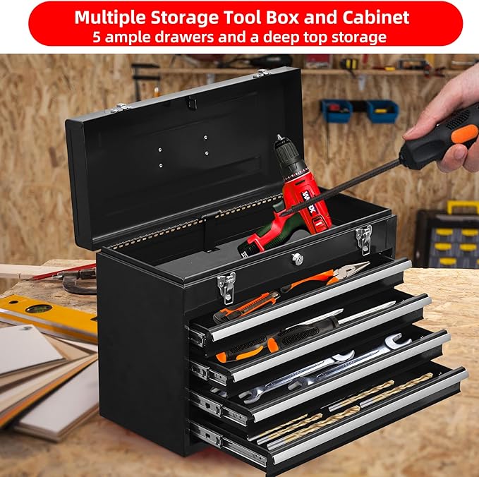 4 Drawers Metal Tool Box Portable Steel Tool Chest with Metal Latch Closure & Key Lock, 20" Powder Coating Top Storage Tray Toolbox with Handle, Suitable for Repair Shop & Garage (Black)