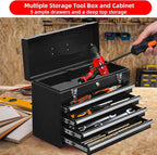 4 Drawers Metal Tool Box Portable Steel Tool Chest with Metal Latch Closure & Key Lock, 20" Powder Coating Top Storage Tray Toolbox with Handle, Suitable for Repair Shop & Garage (Black)