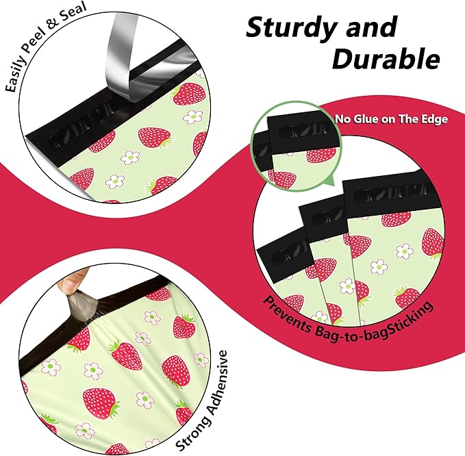 Poly Mailers 6x9 Inch 100 Pcs - Strawberries printed Shipping Bags, 2.4mil Thickness, Waterproof and Tear Resistant Mailing Envelopes, Self-Sealing Packaging Bags for Small Business