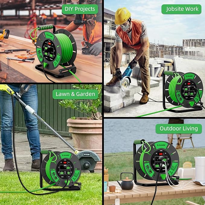 60 FT Retractable Extension Cord Reel, 14AWG SJTOW Heavy Duty Power Cord with 4 Grounded Outlets, USB-A & USB-C Ports, 13A Circuit Breaker, Hand Crank for Indoor Outdoor Use, ETL Listed, Green