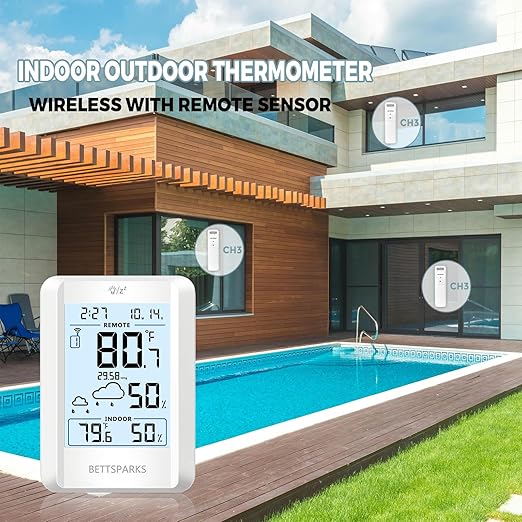 Indoor Outdoor Thermometer Wireless Battery Operated Weather Station Wireless External Temperature Humidity Monitor with 2 Outdoor Remote Sensors, 330 Feet Range (BR-E3-002)