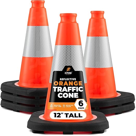 Xpose Safety 12 Inch Orange Traffic Cones with 4" Collar - 6 Pack Multipurpose PVC Plastic Safety Cone for Parking, Soccer, Caution, Kids and Construction - DOT Approved
