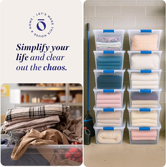 HOMZ 12-Pack Secure Latch, Clear Plastic Storage Organizer Bins, 31 Quart, Blue Latches - Stackable Container Boxes for Bedroom, Bathroom, Garage, and Office Organization