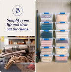 HOMZ 12-Pack Secure Latch, Clear Plastic Storage Organizer Bins, 31 Quart, Blue Latches - Stackable Container Boxes for Bedroom, Bathroom, Garage, and Office Organization