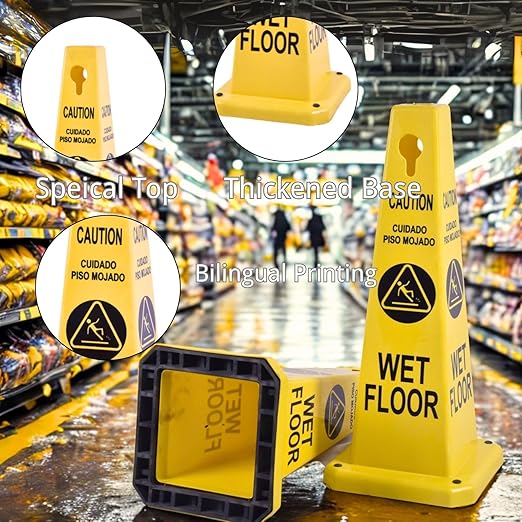 BESEA Caution Wet Floor Signs 8 Pack Heavy Duty Caution Cones to Avoid Slipping When Wet Sign, Yellow 4 Sides Bilingual Printing Avoid Fall Slip Accident for Indoors and Outdoors
