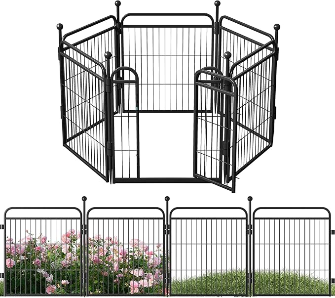 24 in(H) Decorative Garden Fence Outdoor for Yard with Gates,Heavy Duty Iron 6 Panels Total 11ft(L) Anti Dig Fence with Gravity Automatic Lock for Indoor/Outdoor Decorative Dog Fence,Black