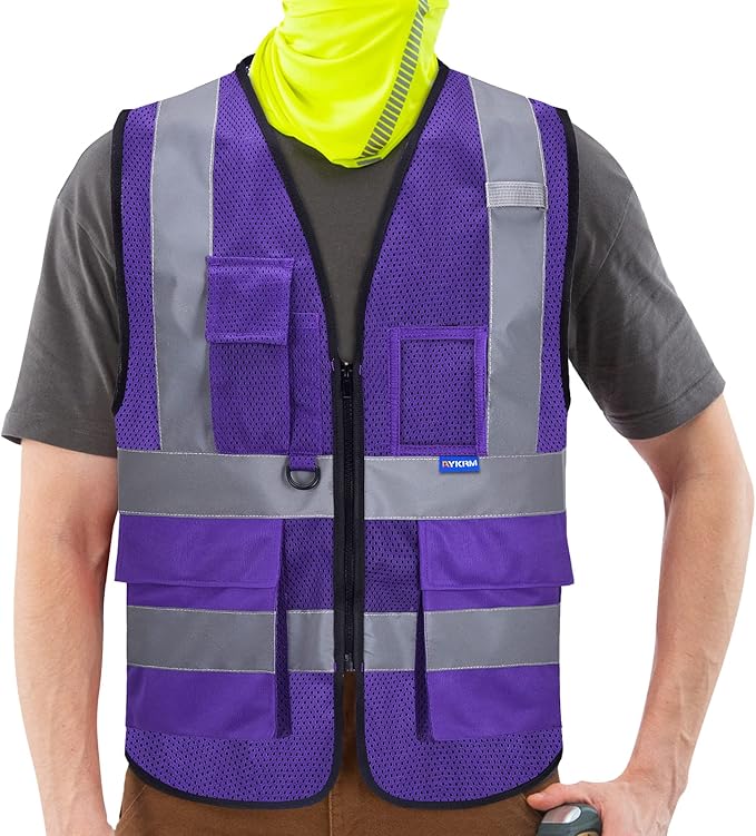 A-SAFETY High Visibility Mesh Safety Reflective Vest with Pockets and Zipper,Hi Viz Work Vest for Men Women (Purple Mesh L)