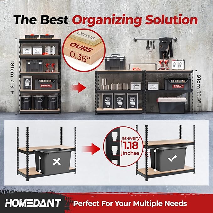 HOMEDANT 5-Tier Laminated Boltless Heavy Duty Metal Shelving Unit Adjustable Garage Storage Utility Rack Shelves Organization Multipurpose Shelf Warehouse Industrial (4, (L) 39.8" W, Black)