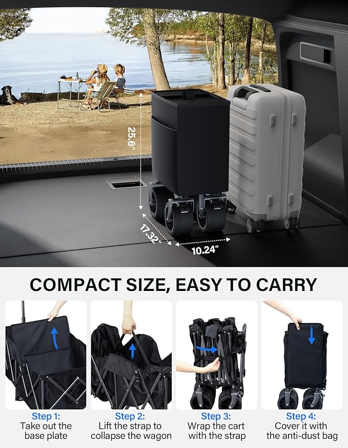 Wagons Carts Foldable Heavy Duty,440lbs Capacity & 350L Collapsible Utility Cart with Big All Terrain Wheels for Beach, Garden, Camping, Grocery Coal Black