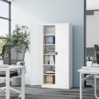 Metal Storage Cabinet-72” Tall Steel File Cabinets with Lockable Doors and Adjustable Shelves-White Steel Storage Cabinet for Kitchen, Office, Garage