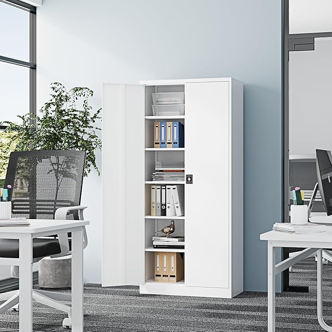 Metal Storage Cabinet-72” Tall Steel File Cabinets with Lockable Doors and Adjustable Shelves-White Steel Storage Cabinet for Kitchen, Office, Garage