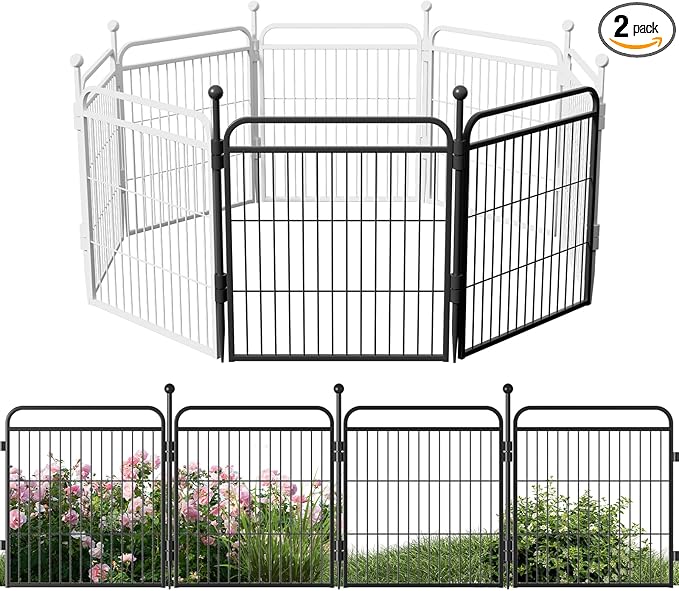 Decorative Garden Fence 24in(H) x44in(L), Thicken 2 Panels Metal No Dig Outdoor Dog Fence for Yard,Heavy Duty Animal Barrier for Dog and Rabbit, Garden Border Fence, Black