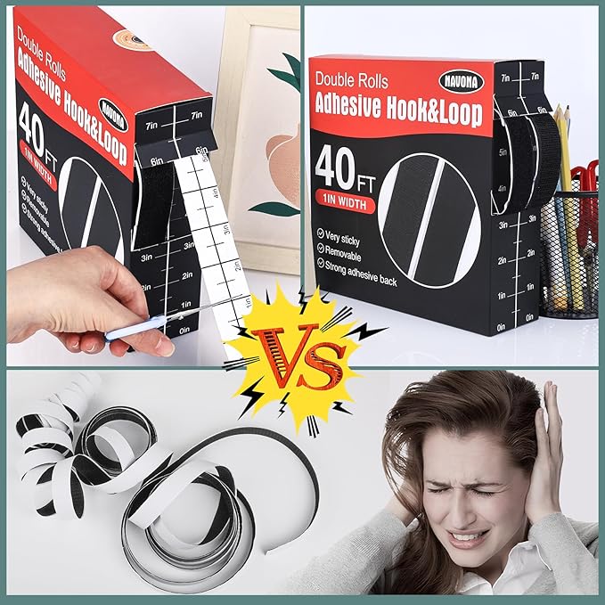 Navona 40Ft x 1Inch Hook and Loop Strips with Adhesive, Heavy Duty Self Adhesive Tape with Back, Strong Sticky Back Fastener Roll for Home, Office, School, Crafting, Black