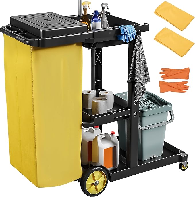 DWVO Janitorial Cart on Wheels, Cleaning Carts, Housekeeping Carts, 3 Shelf Commercial Traditional Plastic Janitor Cart, with 2 Yellow 25 Gallon Vinyl Bag & Rubber Gloves for Restaurant Hotel Home