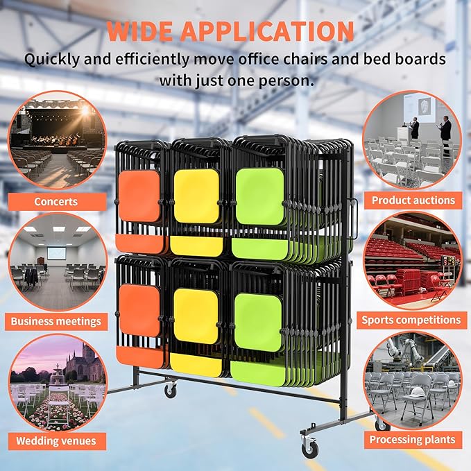 Folding Chair Rack for Storage,Folding Chair Cart 84 Chairs on Wheels Table Storage Cart 600 LBS Capacity Heavy Duty Steel Mobile Dolly Storage Rack with Dust Cover & Elastic Cords