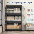 200GAL Storage Bins with Lid and Wheels, Stackable Closet Organizers and Storage Drawer, Collapsible Storage Box with Dividers, Foldable Plastic Cabinets for Room, Kitchen, 4 Pack Black