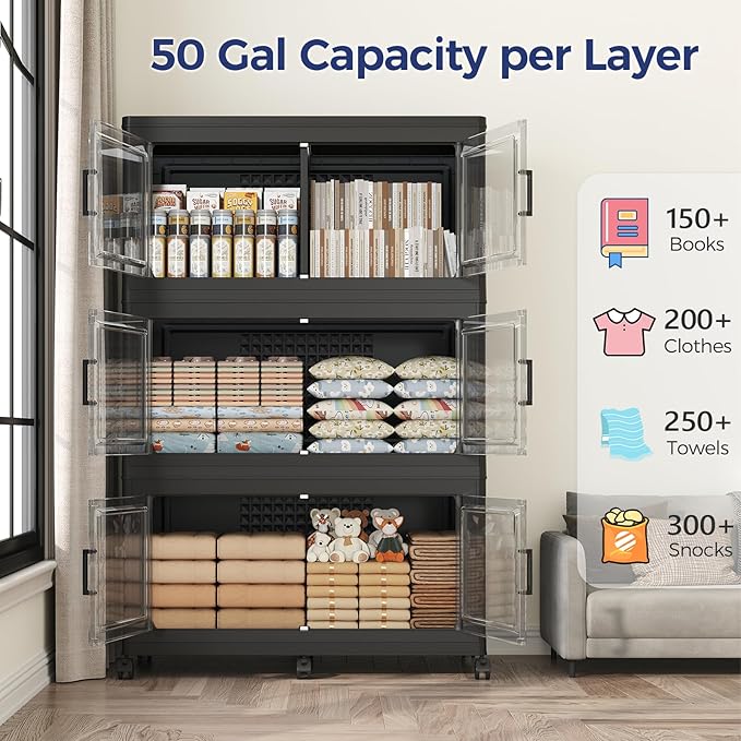 150GAL Storage Bins with Lid and Wheels, Stackable Closet Organizers and Storage Drawer, Collapsible Storage Box with Dividers, Foldable Plastic Cabinets for Room, Kitchen, 3 Pack Black