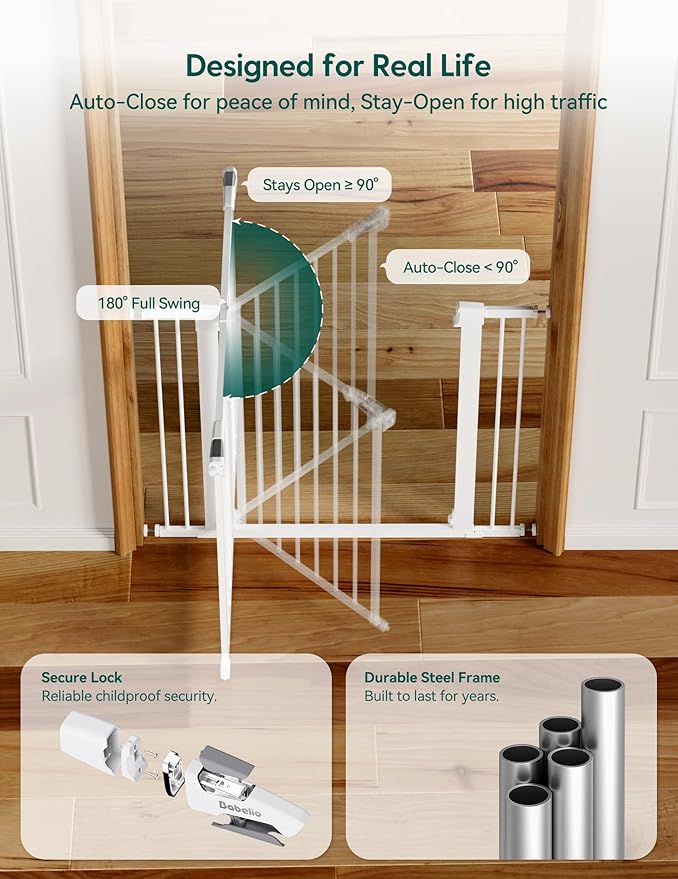 Babelio Baby Gate for Doorways and Stairs, Auto Close Dog Gate, Easy Install Pressure Mounted, fits for Narrow and Wide Doorway, Safety Gate Door for Child and Pet (White, 36" Tall 29"-43" Wide)
