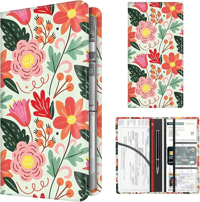 Premium Car Registration and Insurance Card Holder, Cute PU Leather Car Document Holder, Vehicle Glove Box Car Organizer with Magnetic Closure for Driver License, Cards Bright Exotic Floral