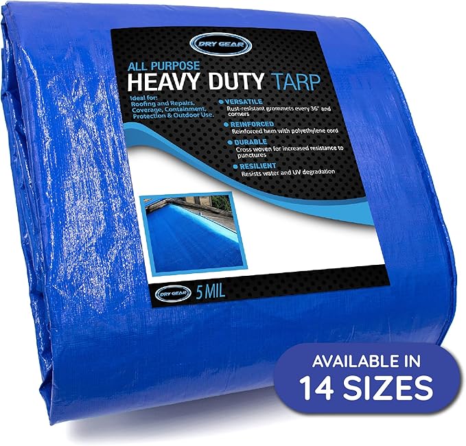 30x30 Blue Waterproof Tarp – Heavy Duty 5 MIL Thick Outdoor Tarpaulin Cover - Multi Purpose Protection for Camping, Tent, Roof, Patio, Pool, Floor, Furniture, Boat, Truck Beds, Pack of 1