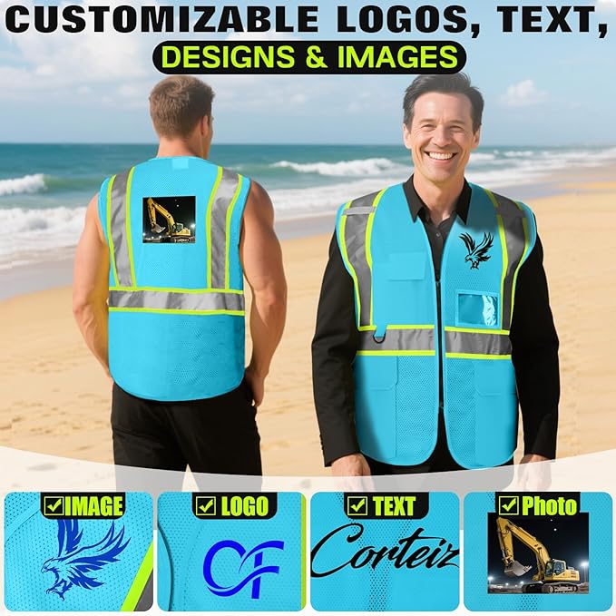 Safety Vest Customize Logo with 5 Pockets & Zipper Reflective High Visibility Vest Class 2 Outdoor Workwear