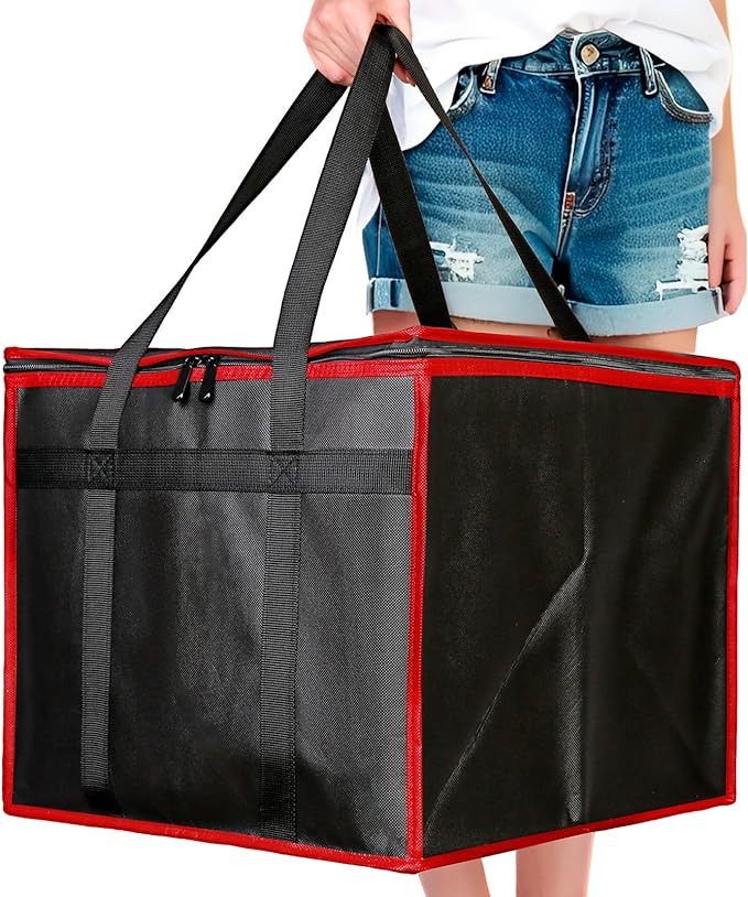 Bodaon Insulated Pizza Delivery Bag, 16" x 16" x 14" Pizza Warmer Bags for Carry Hot, Commercial Delivery Bag, Food Warmers for Parties, Pizza Pack Insulation, Pizza Carrier (Black-Red, 1Pk)