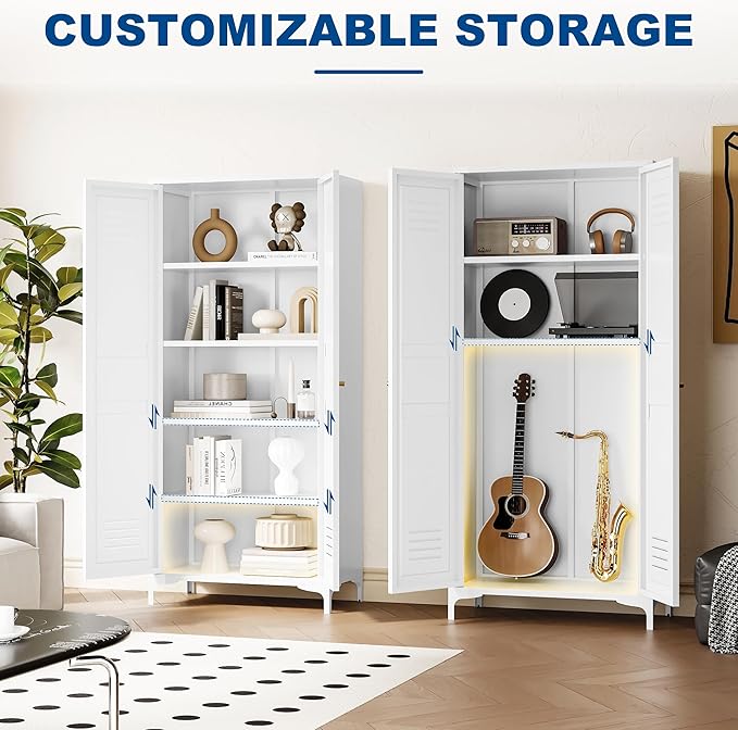 Metal Storage Cabinet-61” Tall Steel File Cabinets with Doors and 4 Adjustable Shelves-White Steel Storage Cabinet for Home,Kitchen, School, Office, Garage