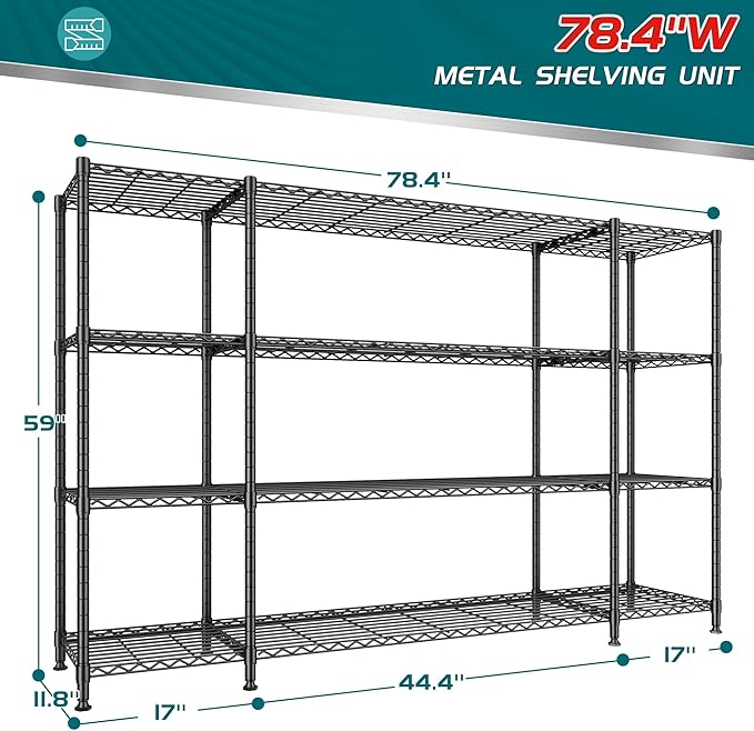 REIBII 78.4''W Wire Shelving Storage Shelves Unit Load 1500LBS,4 Tier Metal Shelving with Adjustable Metal Shelf Wire Rack for Pantry Shelves Commercial Shelving Kitchen Garage 78.4''Wx11.8''Dx59''H