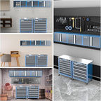 LARBANKE Metal Storage Cabinet System with Lock and Keys,Storage Cabinet System with 3 Wall Cabinet,One 5-Drawer Tool Chest and One 7-Drawer Tool Chest,Universal Brake Wheel &Padded Feet Attached