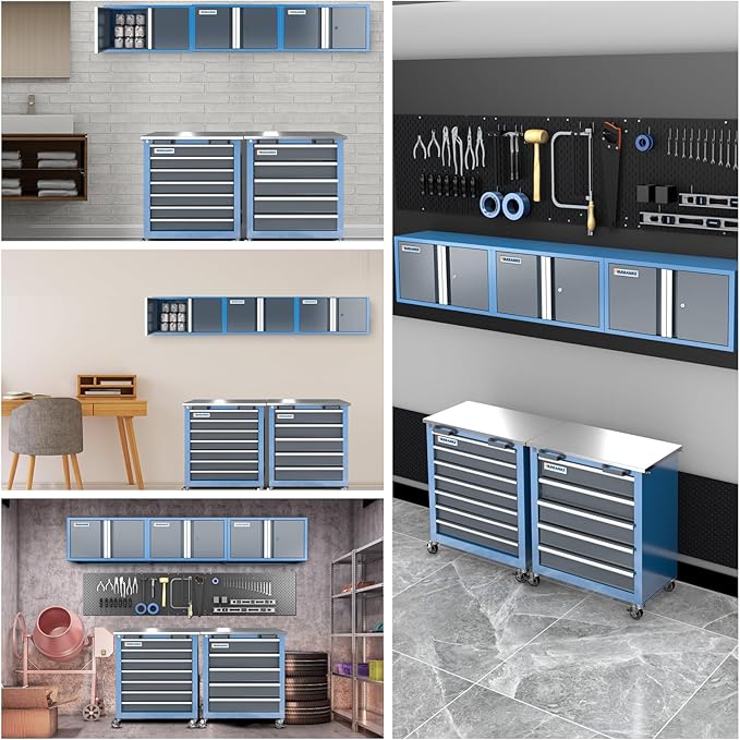LARBANKE Metal Storage Cabinet System with Lock and Keys,Storage Cabinet System with 3 Wall Cabinet,One 5-Drawer Tool Chest and One 7-Drawer Tool Chest,Universal Brake Wheel &Padded Feet Attached