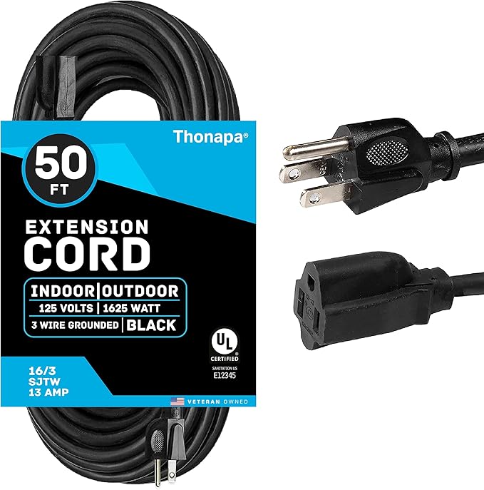 13 Amp Outdoor Extension Cord 50 ft, 16/3 SJTW 50 Foot Black Extension Cord 3 Prong, Weatherproof Exterior Power Cable for Outside Lights & Lawn, UL Certified - US Veteran Owned