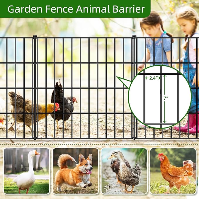 Metal Garden Fence 28in (H) x 18.7ft (L), 8 Panels + 9 Stakes Dog Fence Border Fence Animal Barrier, No Dig Garden Fencing for Yard Flower Bed Lawn Patio Outdoor, PIN282808 Black