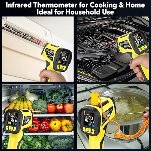 Infrared Thermometer Gun, Digital Laser Thermometrer Temperature Gun with Color LCD for Cooking, Pizza Oven, HVAC, IR Temp Gun with K-Probe, Adjustable Emissivity,-40°F to 1472°F(-40~800°C)