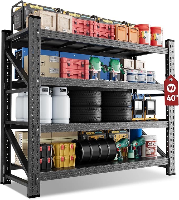 40" Wide Storage Shelves, 2000LBS Garage Shelving Heavy Duty, Standing Shelf Units, 4 Tier Metal Adjustable Storage Shelving Rack for Shop Warehouse Basement, 40'' W x 20''D x 60'' H