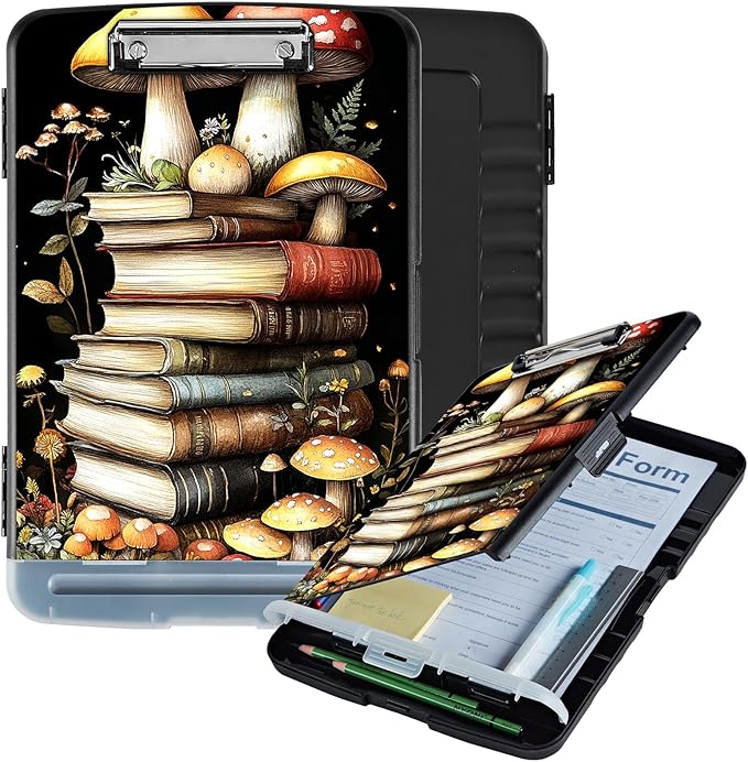 Clipboard with Storage Box & Pen Holder,Heavy Duty Clip Boards 8.5x11 for Nursing,High Capacity,School & Office Supplies,Mushroom Books