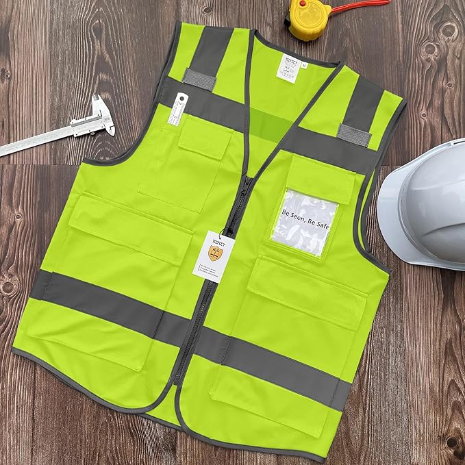 TCCFCCT Construction Vest 5 Pockets Reflective Safety Vest for Men Women, High Visibility Work Vest with Tabs for Walkie-talkie, Durable to Use, Meets ANSI/ISEA, T5-Yellow, S