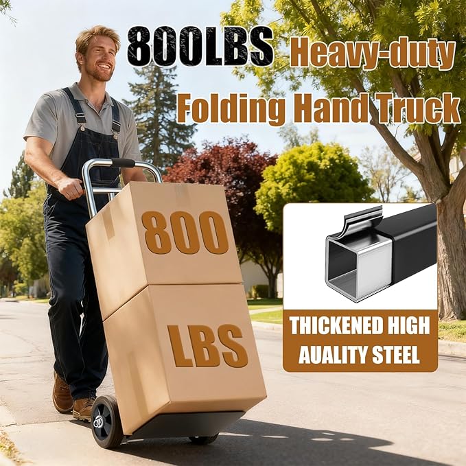 800 LB Dolly Cart with 8" Solid Rubber Wheels, Heavy Duty Folding Hand Truck Dolly with Bungee Cords, Compact Foldable Alloy Steel Design for Warehouses, Homes, Offices, and Small Business
