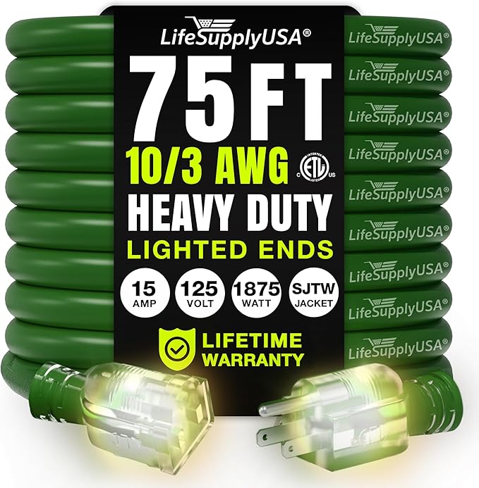 75ft Outdoor/Indoor Extension Cord 10/3 Gauge Ultra Heavy Duty 3 Prong SJTW, Waterproof, ETL Listed, Flexible Cold-Resistant Long Power Cord,15A 125V 1875W, Green by LifeSupplyUSA