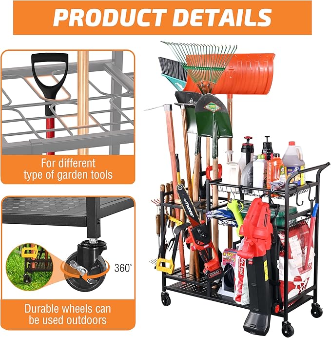 PLKOW Garden Tool Organizer with Wheels, Garden Tool Rack, Yard Tool Holder for Rakes, Shovel, Fertilizer, Garden Tool Storage for Garage, Shed, Outdoor