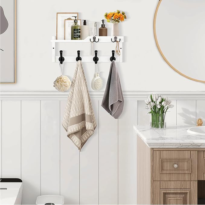 Coat Rack Wall Mount with Shelf, Coat Hanger Wall Mount with Key Hooks and Mail Holder, Wood Entryway Floating Shelf with Hooks and Storage, Hat Rack for Wall Key Holder Mail Organizer