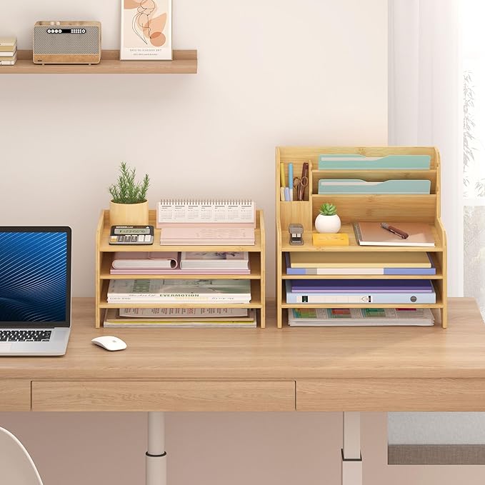 Bamboo Desk Organizer Mail Holder Countertop Letter Tray File Organizer for Desk Letter Sorter Paper File Storage for School Home Office Supplies
