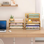 Bamboo Desk Organizer Mail Holder Countertop Letter Tray File Organizer for Desk Letter Sorter Paper File Storage for School Home Office Supplies
